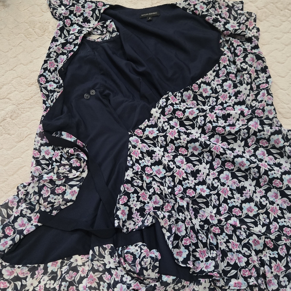 Banana Republic Navy-Blue Floral Faux-Wrap Ruffle Short Sleeve Dress, Size 6 - Picture 9 of 9